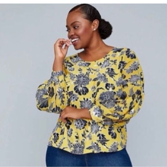 Lane Bryant X Girl with Curves Yellow print Blouson Puff Sleeve blouse, size 20 - Picture 1 of 7